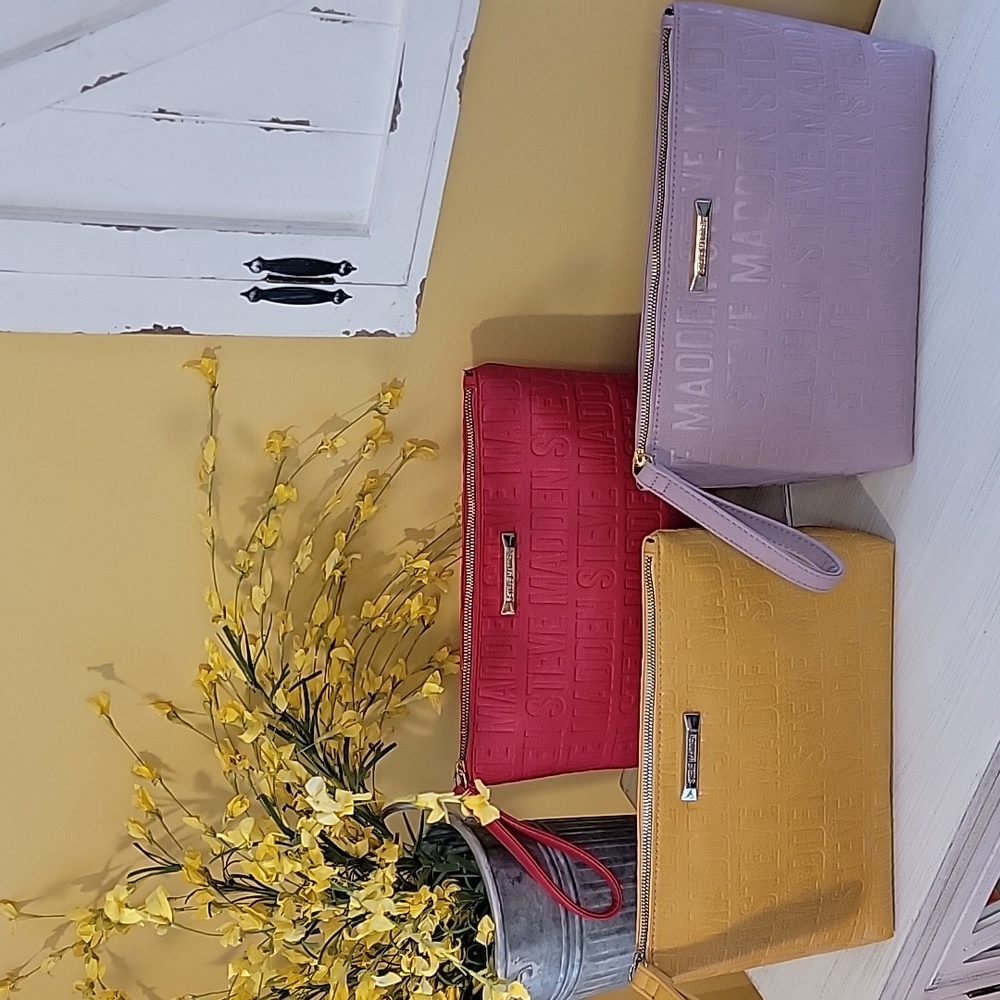 Steve Madden Monogram Clutch Purse Zip Large Wristlet Red Mauve Mustard - Picture 13 of 16